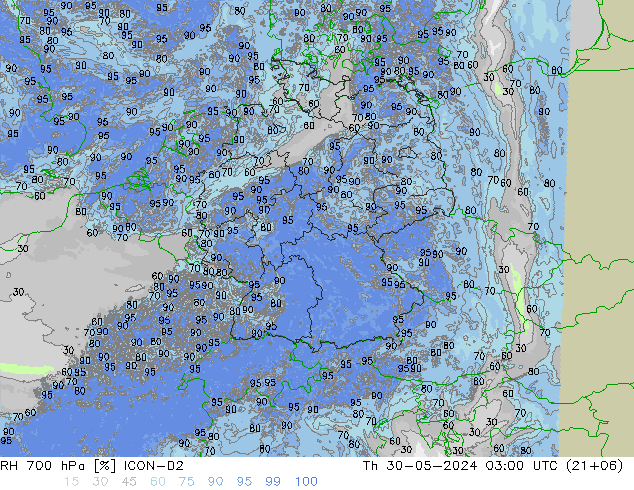 RH 700 hPa ICON-D2 Th 30.05.2024 03 UTC