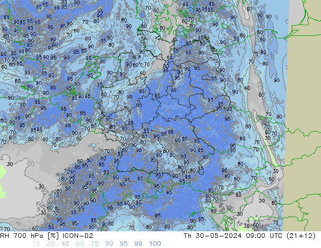 Humidité rel. 700 hPa ICON-D2 jeu 30.05.2024 09 UTC