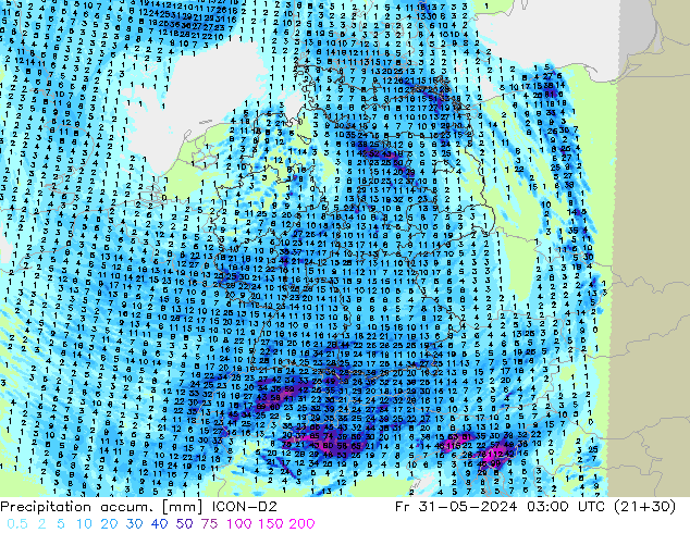 Precipitation accum. ICON-D2 pt. 31.05.2024 03 UTC