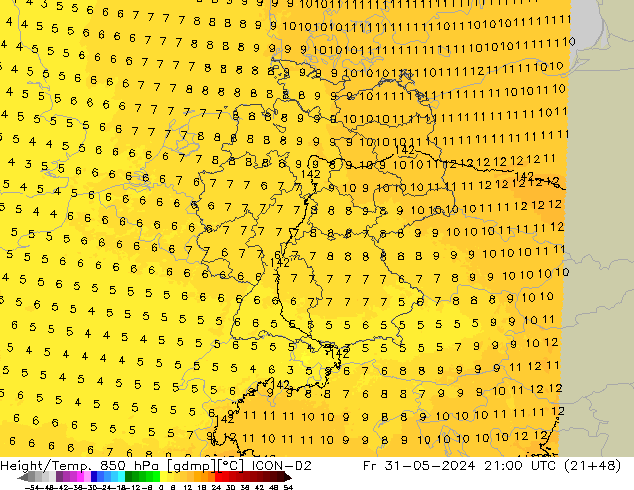 Géop./Temp. 850 hPa ICON-D2 ven 31.05.2024 21 UTC