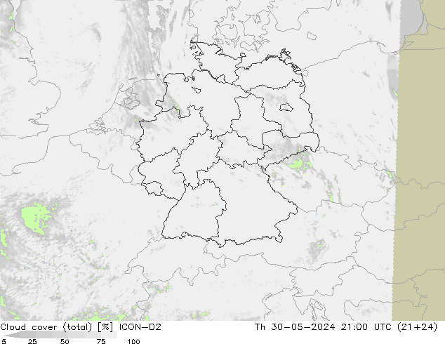 Cloud cover (total) ICON-D2 Th 30.05.2024 21 UTC