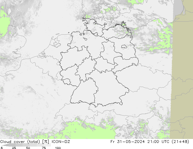 nuvens (total) ICON-D2 Sex 31.05.2024 21 UTC