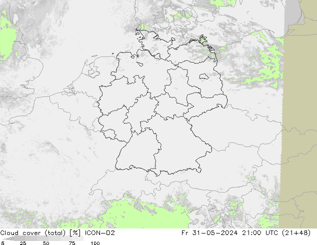 Wolken (gesamt) ICON-D2 Fr 31.05.2024 21 UTC