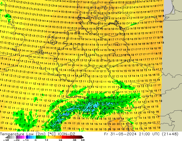 Temperature Low (2m) ICON-D2 Fr 31.05.2024 21 UTC