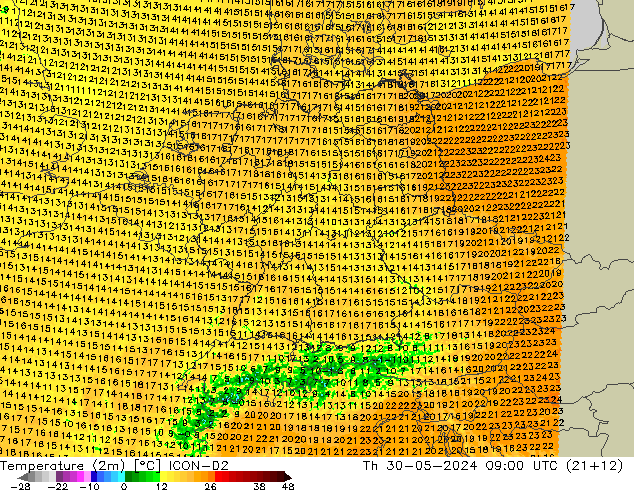 Temperature (2m) ICON-D2 Th 30.05.2024 09 UTC