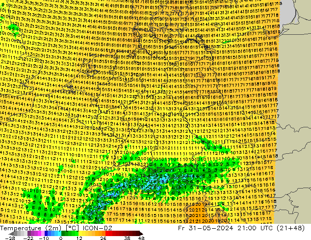 Temperaturkarte (2m) ICON-D2 Fr 31.05.2024 21 UTC