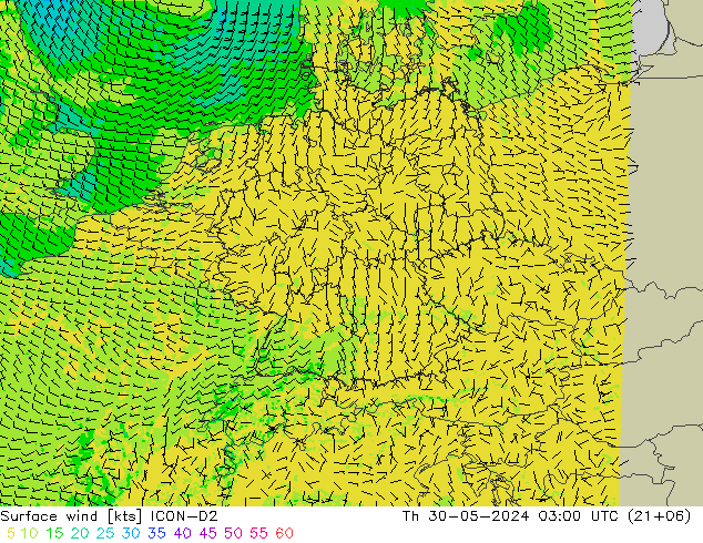 Vento 10 m ICON-D2 gio 30.05.2024 03 UTC