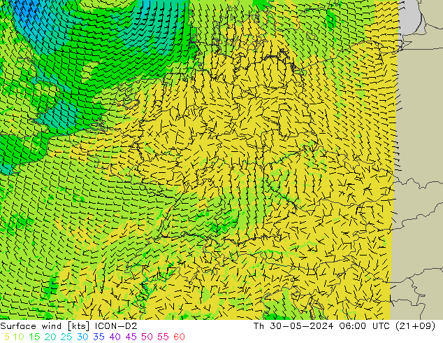 Vento 10 m ICON-D2 Qui 30.05.2024 06 UTC