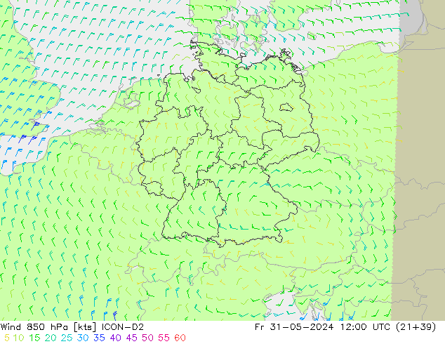 Rüzgar 850 hPa ICON-D2 Cu 31.05.2024 12 UTC