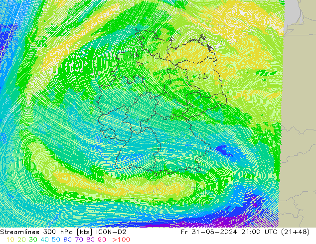 Streamlines 300 hPa ICON-D2 Fr 31.05.2024 21 UTC