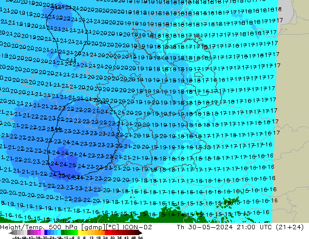 Height/Temp. 500 hPa ICON-D2  30.05.2024 21 UTC