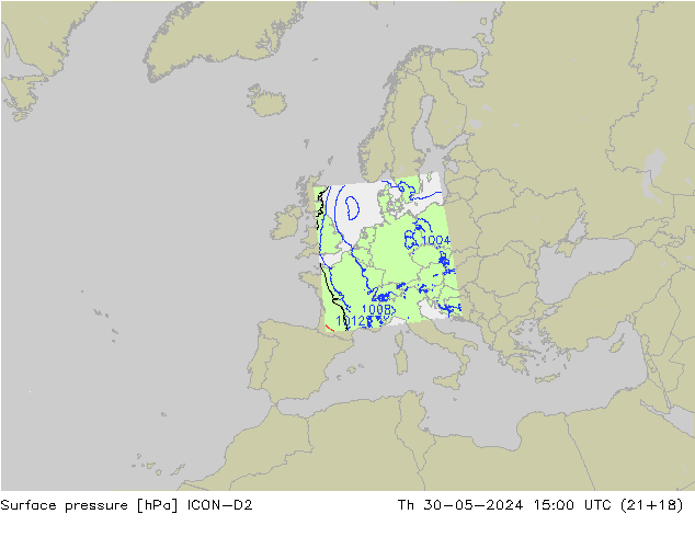 Surface pressure ICON-D2 Th 30.05.2024 15 UTC