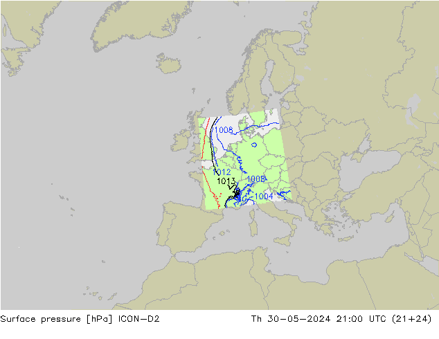 Pressione al suolo ICON-D2 gio 30.05.2024 21 UTC