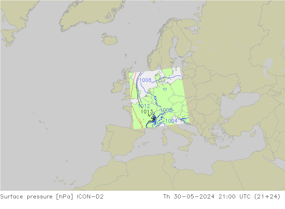 地面气压 ICON-D2 星期四 30.05.2024 21 UTC