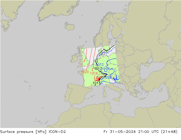 Luchtdruk (Grond) ICON-D2 vr 31.05.2024 21 UTC