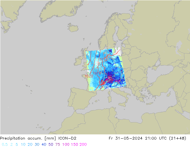 Precipitation accum. ICON-D2 ven 31.05.2024 21 UTC
