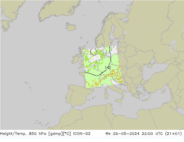 Height/Temp. 850 hPa ICON-D2 śro. 29.05.2024 22 UTC