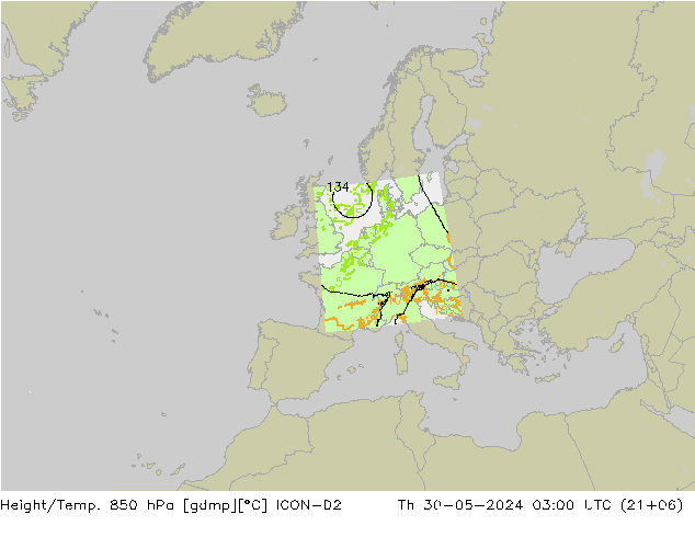 Height/Temp. 850 hPa ICON-D2 Th 30.05.2024 03 UTC