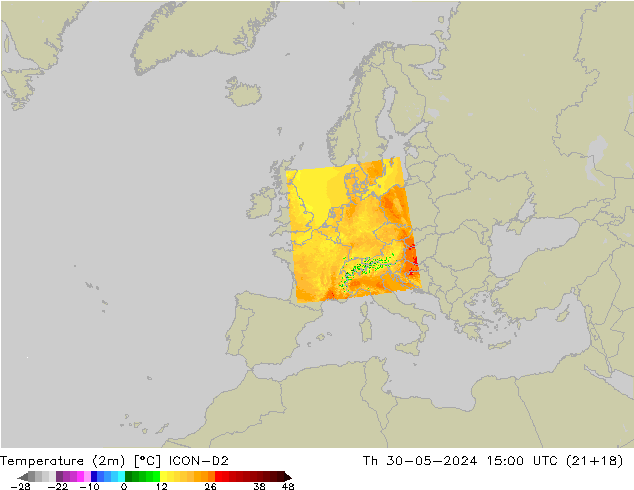 Temperaturkarte (2m) ICON-D2 Do 30.05.2024 15 UTC