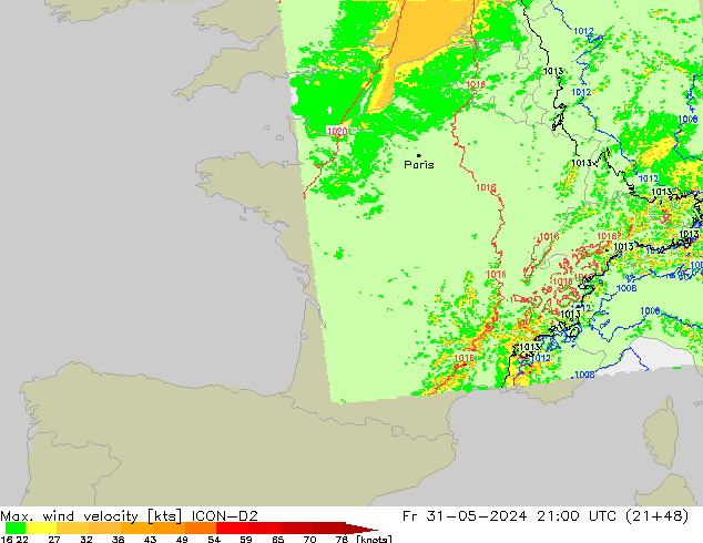 Max. wind velocity ICON-D2 Pá 31.05.2024 21 UTC