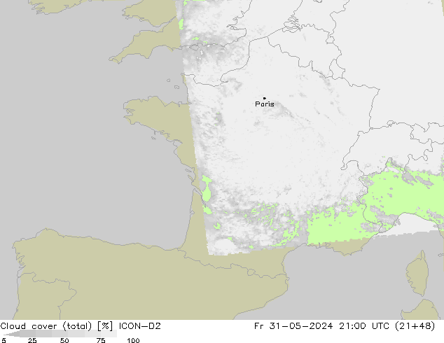 Wolken (gesamt) ICON-D2 Fr 31.05.2024 21 UTC