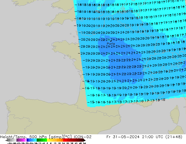 Height/Temp. 500 hPa ICON-D2 Fr 31.05.2024 21 UTC