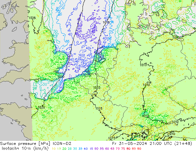 Isotachs (kph) ICON-D2  31.05.2024 21 UTC