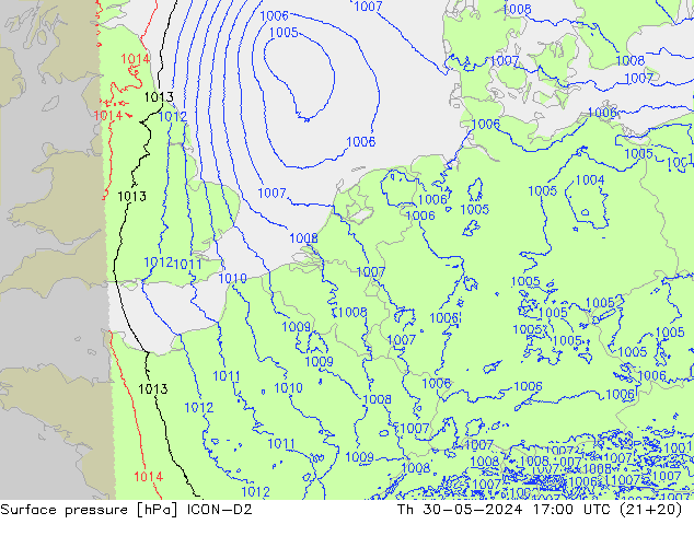 Surface pressure ICON-D2 Th 30.05.2024 17 UTC