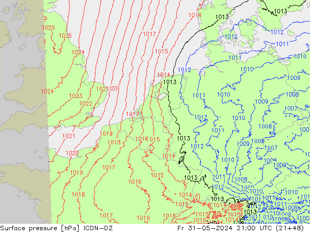 Pressione al suolo ICON-D2 ven 31.05.2024 21 UTC