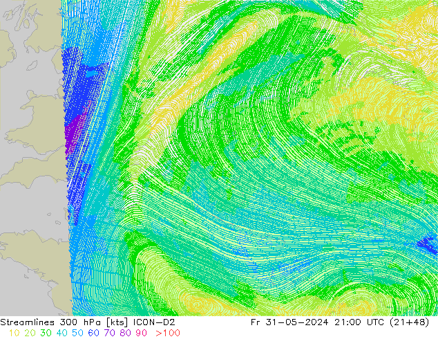 Rüzgar 300 hPa ICON-D2 Cu 31.05.2024 21 UTC