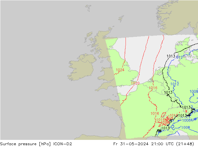 Presión superficial ICON-D2 vie 31.05.2024 21 UTC