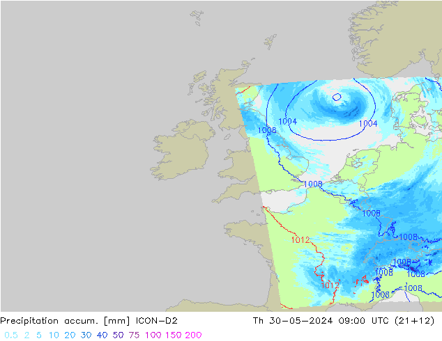 Precipitation accum. ICON-D2 czw. 30.05.2024 09 UTC