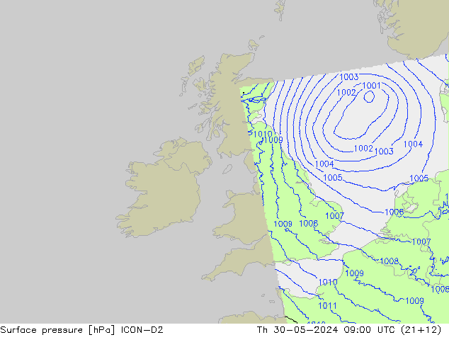 Atmosférický tlak ICON-D2 Čt 30.05.2024 09 UTC