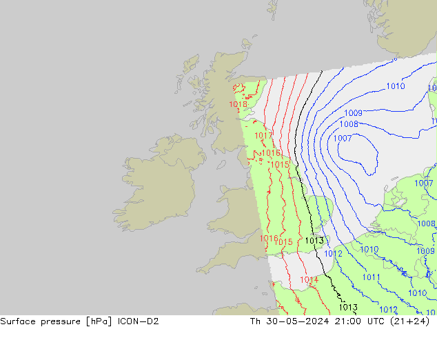 Surface pressure ICON-D2 Th 30.05.2024 21 UTC