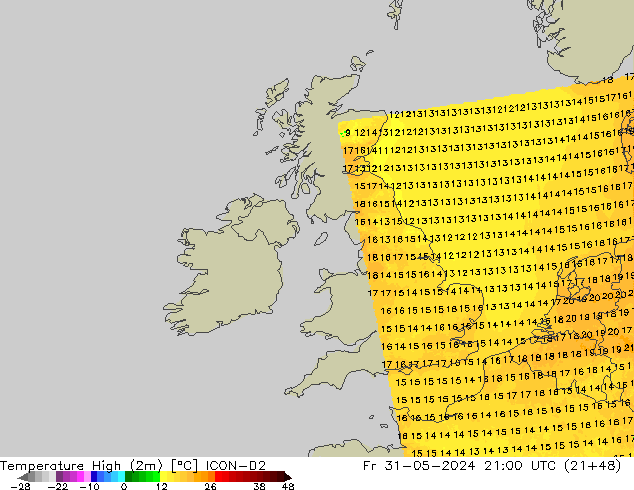 Temperature High (2m) ICON-D2 Fr 31.05.2024 21 UTC