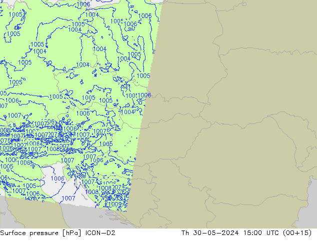 Atmosférický tlak ICON-D2 Čt 30.05.2024 15 UTC