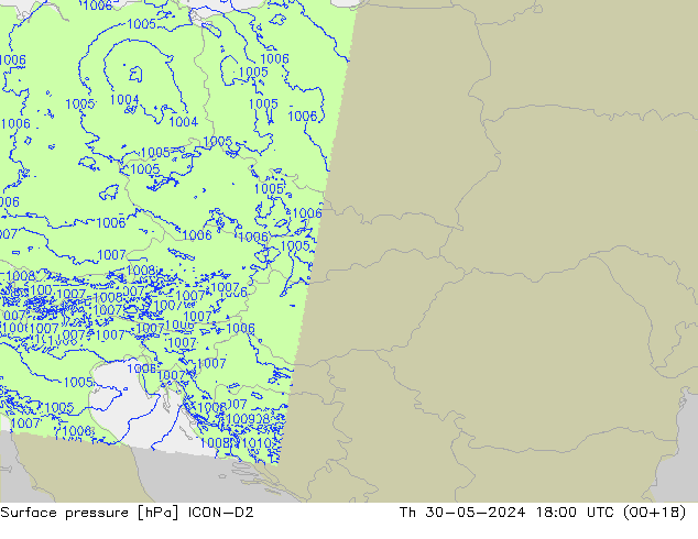 Atmosférický tlak ICON-D2 Čt 30.05.2024 18 UTC