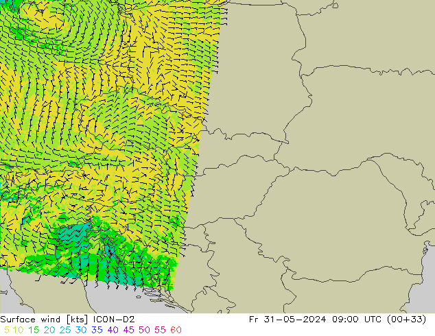 Surface wind ICON-D2 Fr 31.05.2024 09 UTC