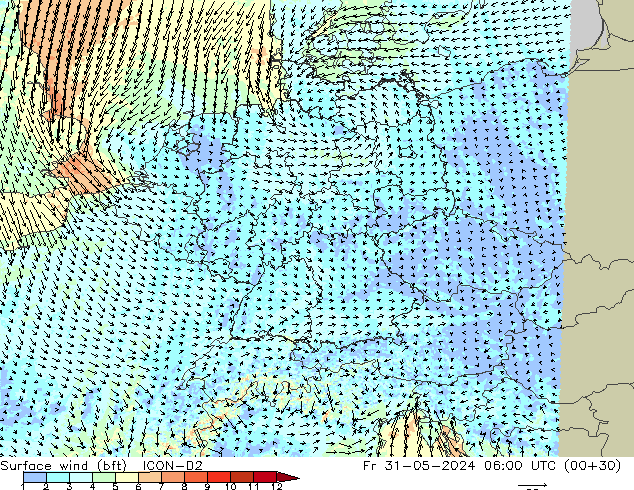 Surface wind (bft) ICON-D2 Fr 31.05.2024 06 UTC