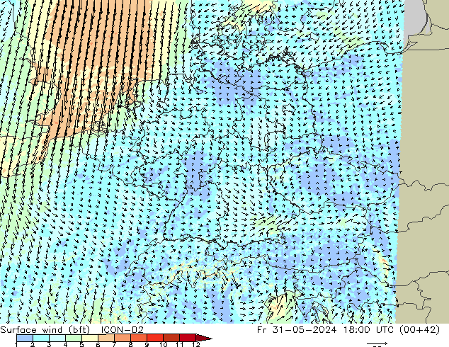 Surface wind (bft) ICON-D2 Fr 31.05.2024 18 UTC