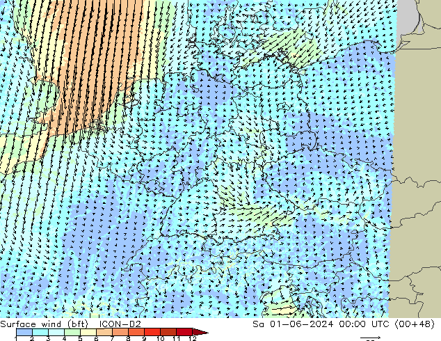 Surface wind (bft) ICON-D2 Sa 01.06.2024 00 UTC