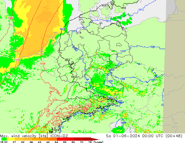 Max. wind velocity ICON-D2 сб 01.06.2024 00 UTC