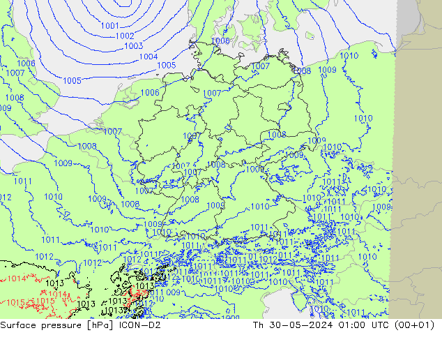 Atmosférický tlak ICON-D2 Čt 30.05.2024 01 UTC