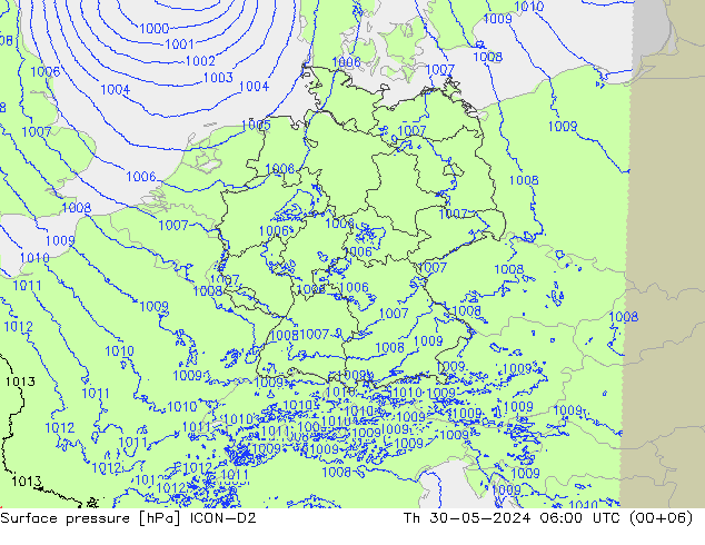 Surface pressure ICON-D2 Th 30.05.2024 06 UTC