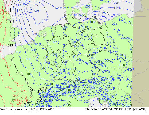 Presión superficial ICON-D2 jue 30.05.2024 20 UTC