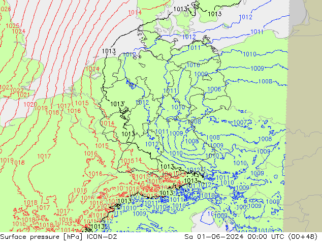 Pressione al suolo ICON-D2 sab 01.06.2024 00 UTC