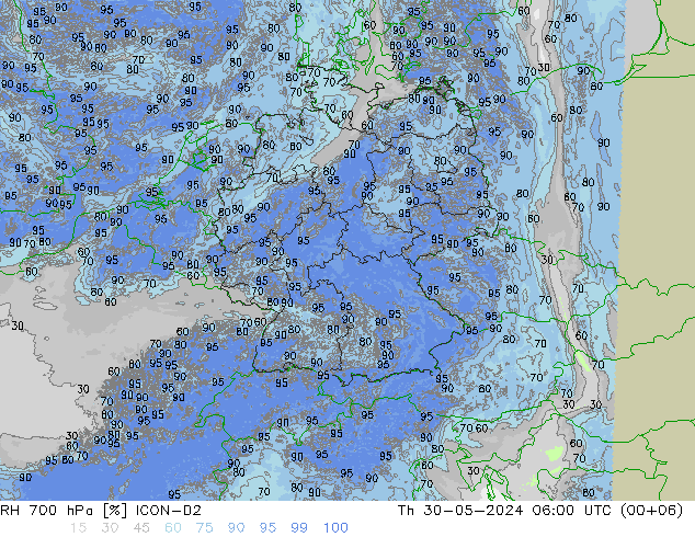 RH 700 hPa ICON-D2 Do 30.05.2024 06 UTC