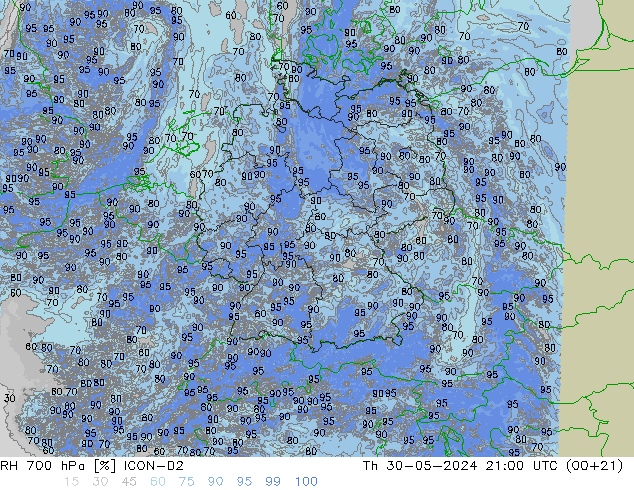 RH 700 hPa ICON-D2 Th 30.05.2024 21 UTC