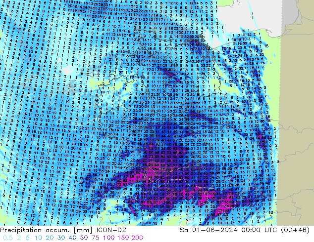 Précipitation accum. ICON-D2 sam 01.06.2024 00 UTC