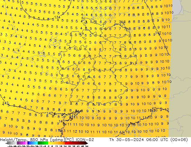 Height/Temp. 850 hPa ICON-D2 Qui 30.05.2024 06 UTC